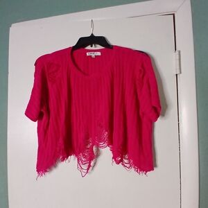Love J Vibrant Pink Oveesized Cropped Fringed Top